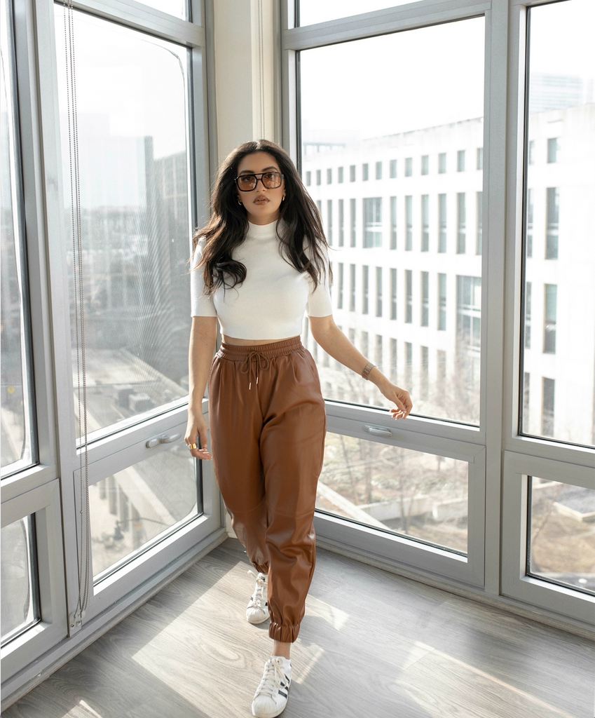 Camel faux discount leather joggers